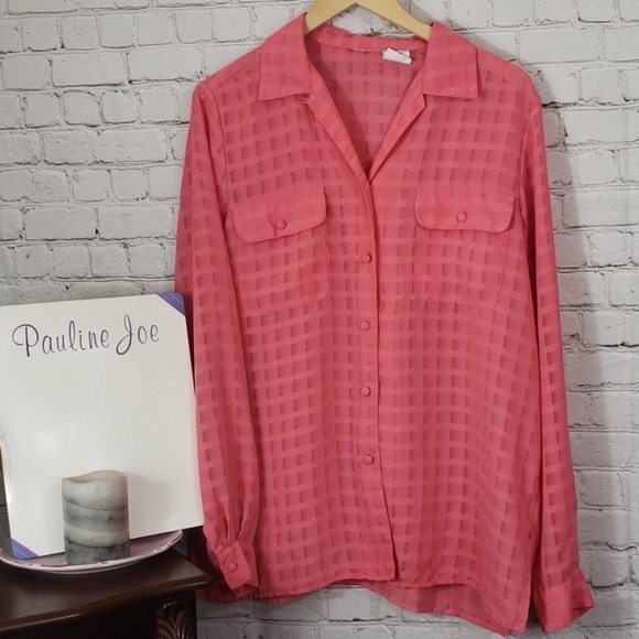 Liz Baker Pink sheer striped plaid printed button up - Picture 2 of 9